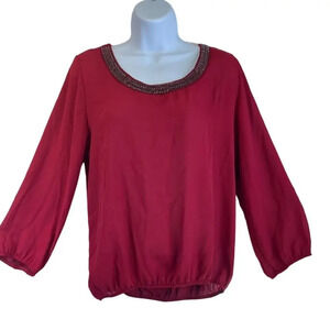 A'GACI Womens L Red Open Back Tie Sheer Embellished Blouse FairyCore